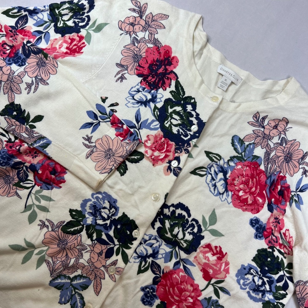 Charter Club Womens Button Floral Lightweight Cardigan | Size XL | Cottage Fairy